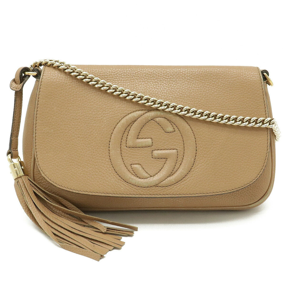 Gucci Soho Interlocking Shoulder Bag Chain Tassel Leather Rose Pink Beige